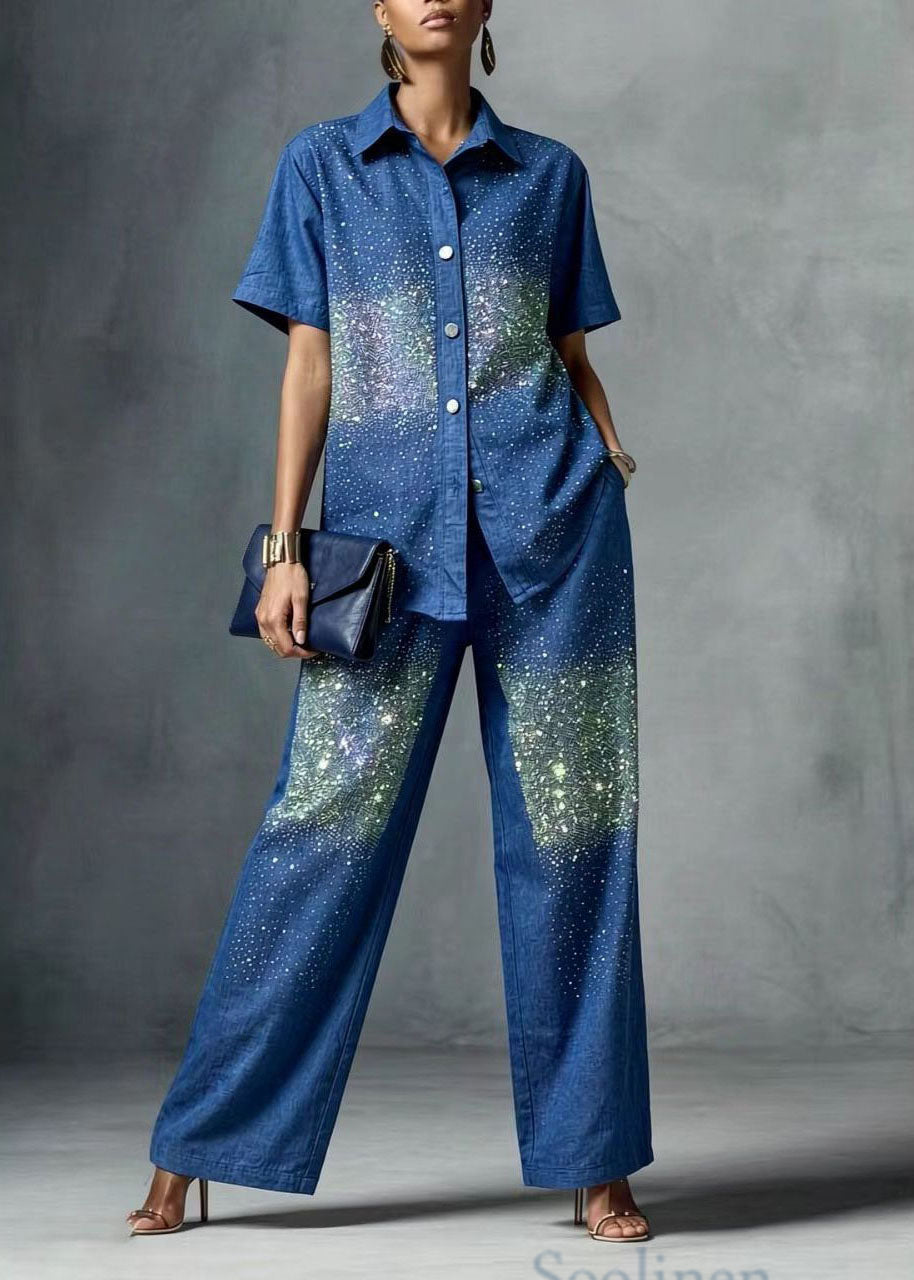 Chic Blue Peter Pan Collar Zircon Denim Two Pieces Set Summer