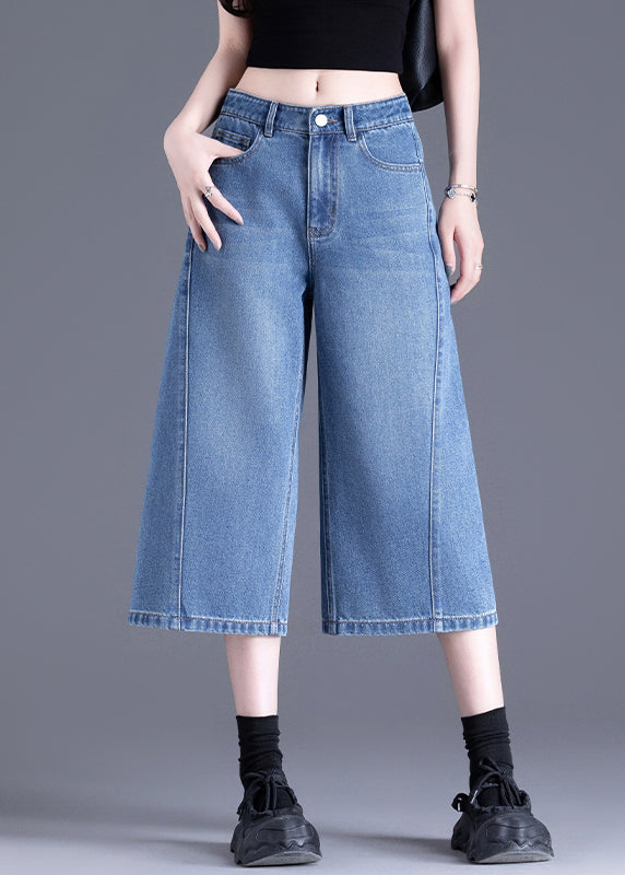 Chic Blue Pockets Denim Crop Pants Summer