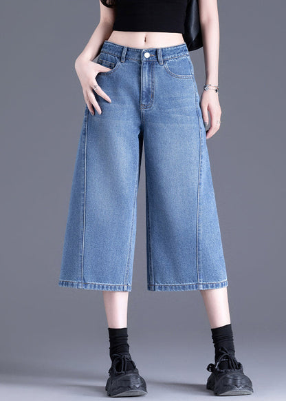 Chic Blue Pockets Denim Crop Pants Summer