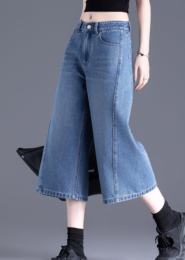 Chic Blue Pockets Denim Crop Pants Summer