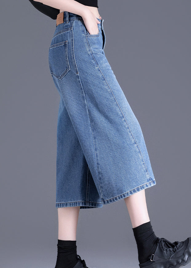 Chic Blue Pockets Denim Crop Pants Summer