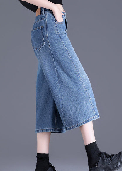 Chic Blue Pockets Denim Crop Pants Summer