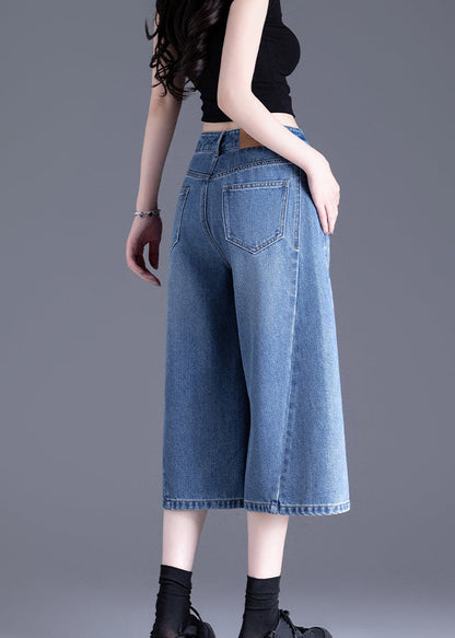 Chic Blue Pockets Denim Crop Pants Summer
