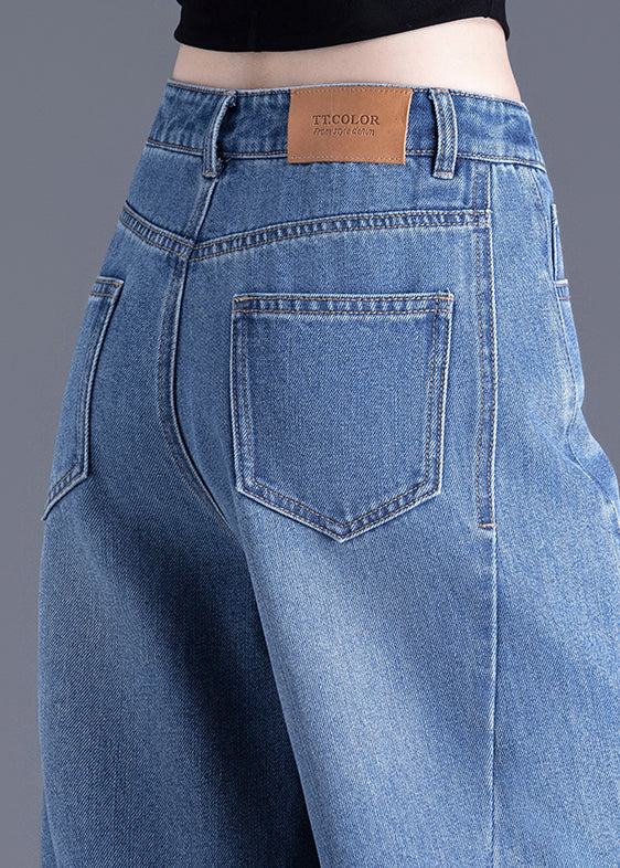 Chic Blue Pockets Denim Crop Pants Summer