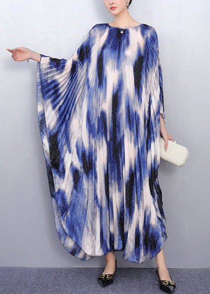 Chic Blue Print Oversized Long Dresses Batwing Sleeve