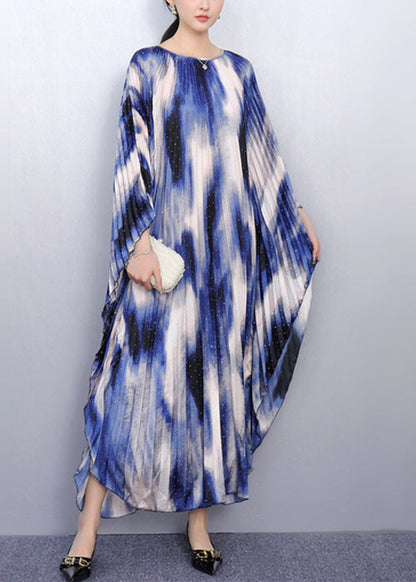 Chic Blue Print Oversized Long Dresses Batwing Sleeve