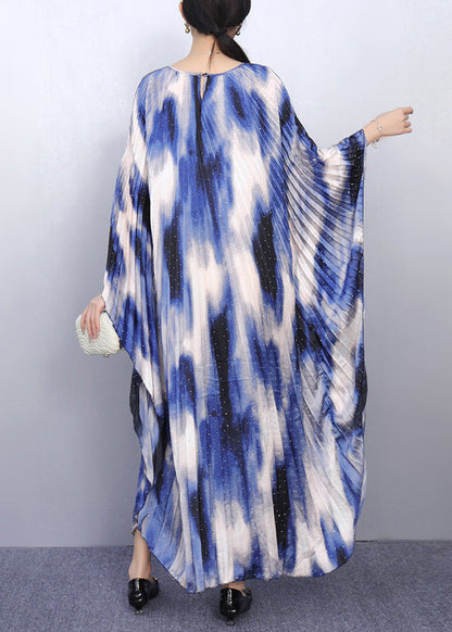 Chic Blue Print Oversized Long Dresses Batwing Sleeve