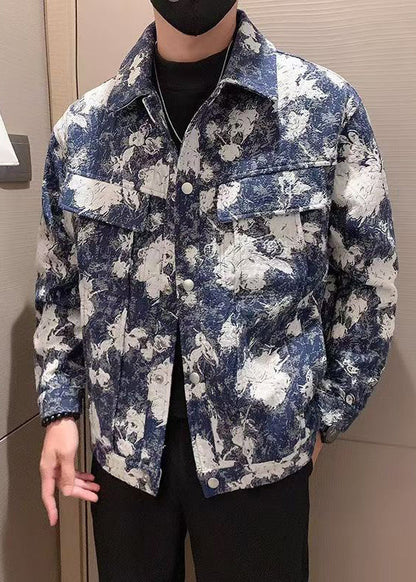 Chic Blue Print Pockets Cotton Mens Coats Fall