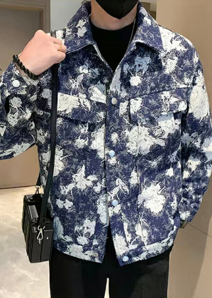 Chic Blue Print Pockets Cotton Mens Coats Fall