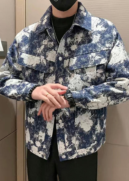 Chic Blue Print Pockets Cotton Mens Coats Fall