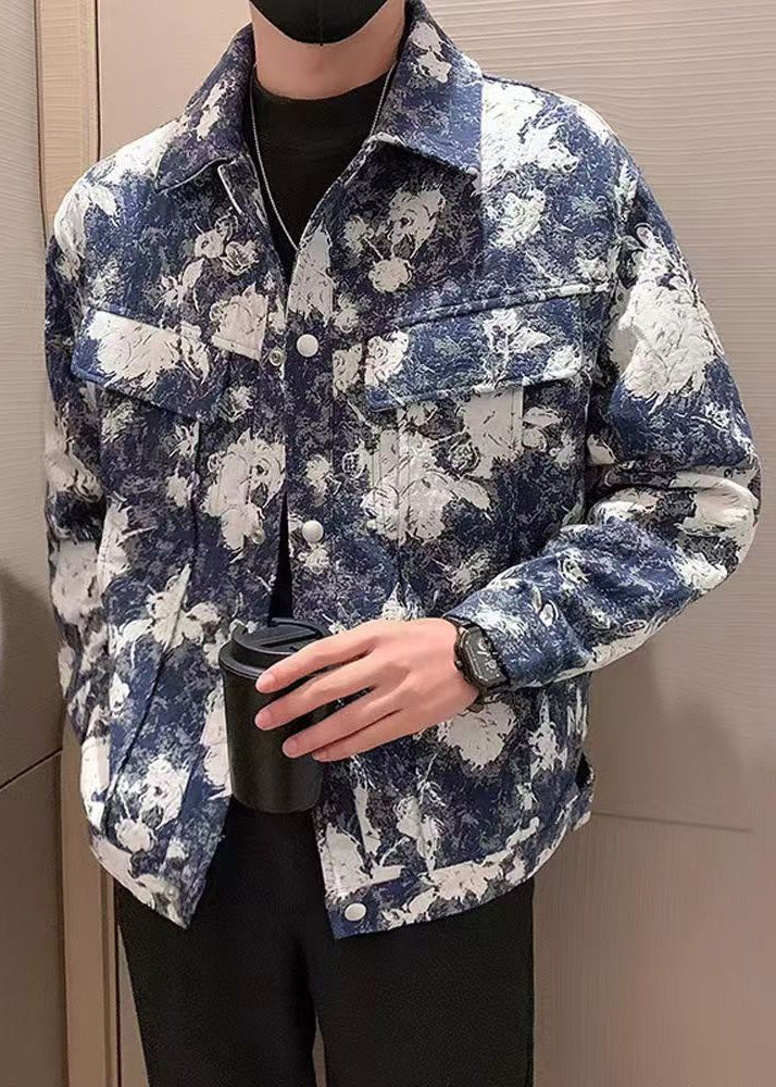 Chic Blue Print Pockets Cotton Mens Coats Fall