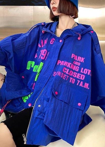 Chic Blue Print Pockets zippered Spring Hooded Coat - SooLinen