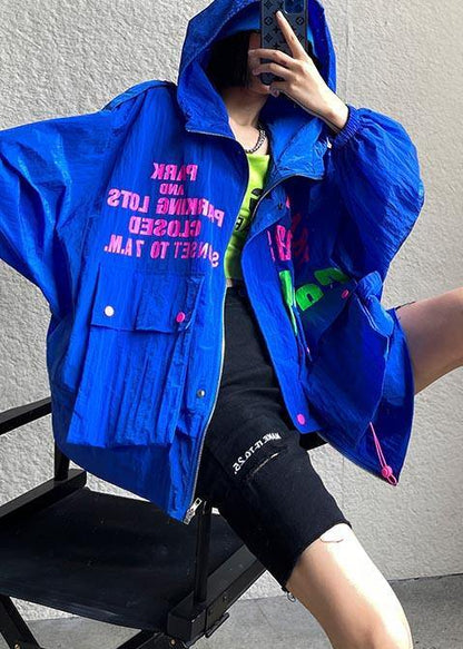 Chic Blue Print Pockets zippered Spring Hooded Coat - SooLinen