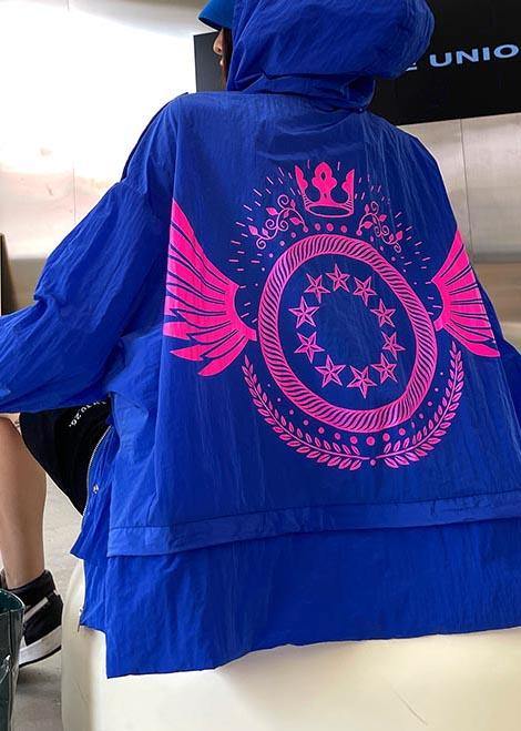 Chic Blue Print Pockets zippered Spring Hooded Coat - SooLinen