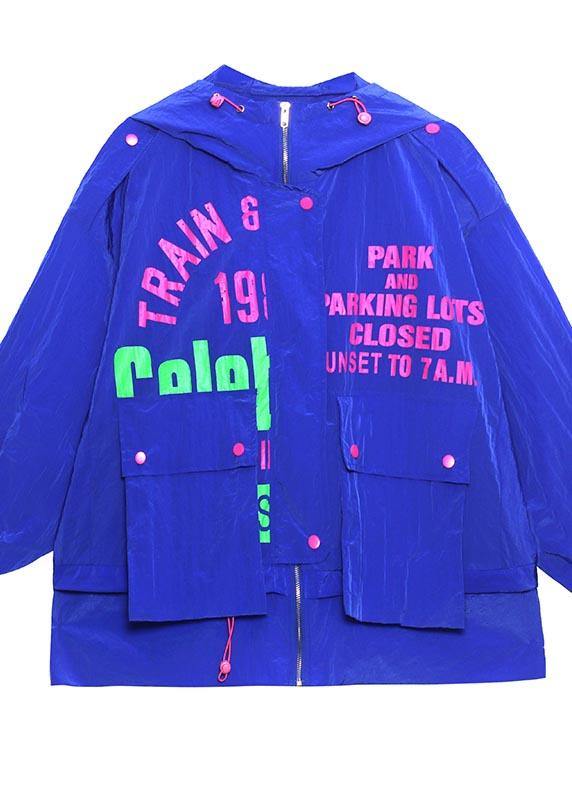 Chic Blue Print Pockets zippered Spring Hooded Coat - SooLinen