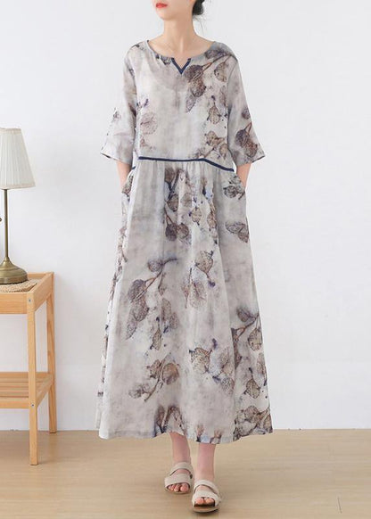 Chic Blue Print V Neck Summer Ramie Vacation Dresses - SooLinen