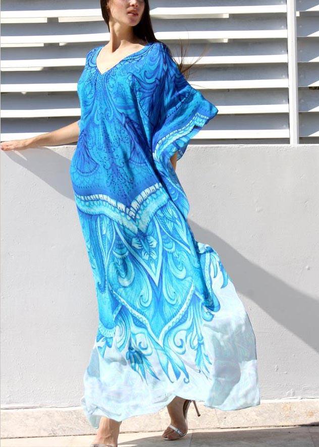 Chic Blue Print kimono robe Maxi Dresses  Cotton Dress - SooLinen