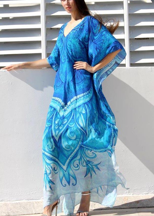 Chic Blue Print kimono robe Maxi Dresses  Cotton Dress - SooLinen