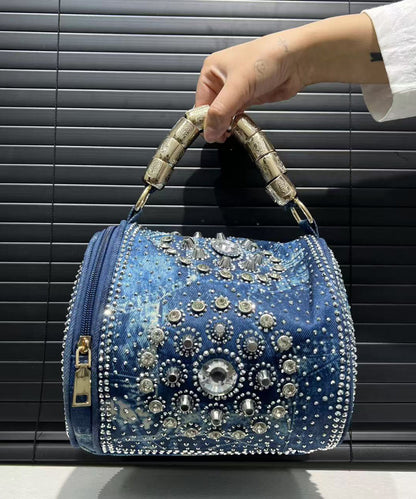 Chic Blue Rivet Zircon Denim Tote Handbag