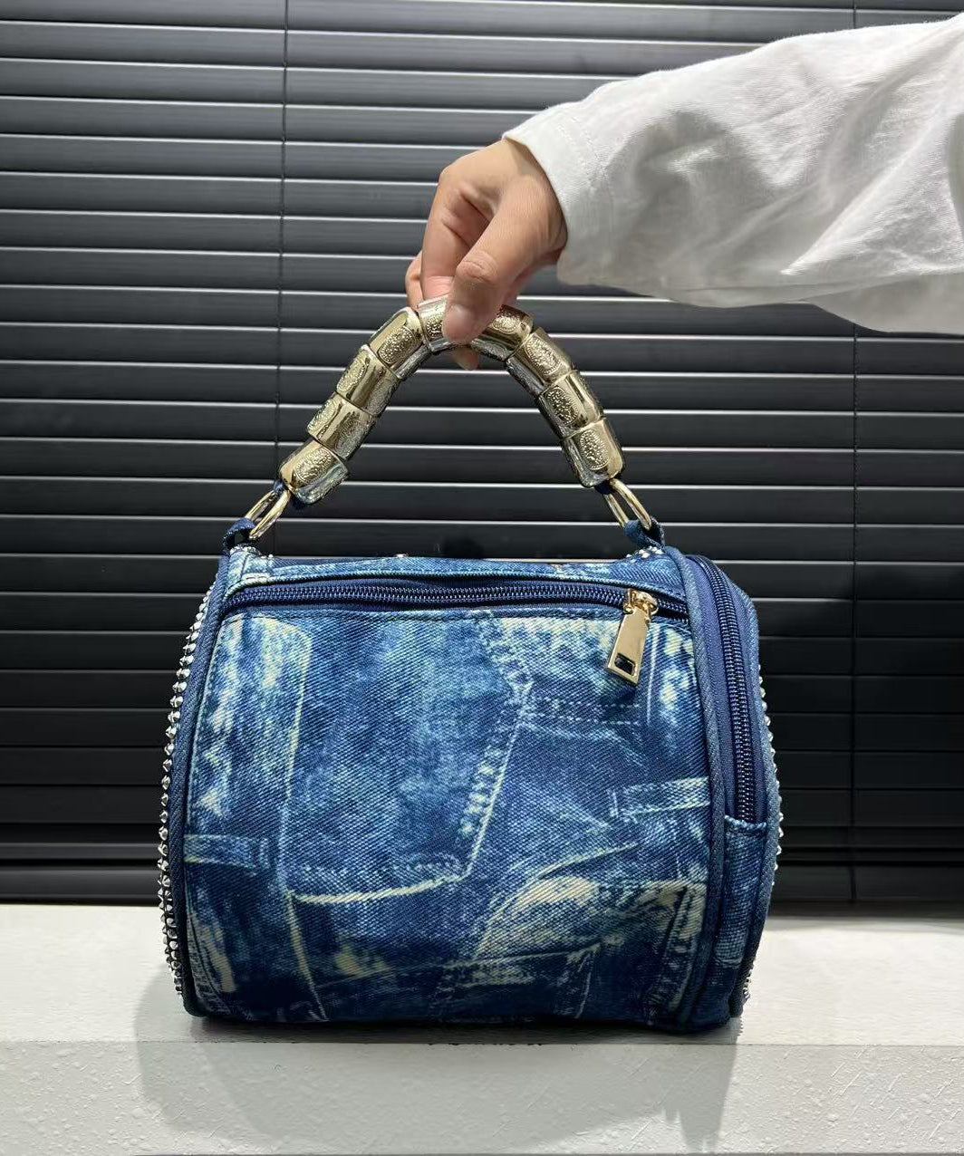 Chic Blue Rivet Zircon Denim Tote Handbag