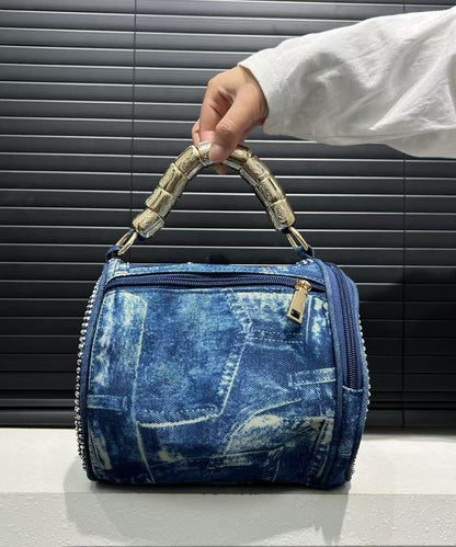 Chic Blue Rivet Zircon Denim Tote Handbag