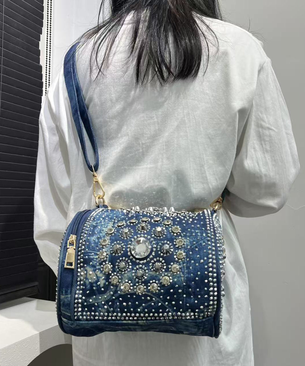 Chic Blue Rivet Zircon Denim Tote Handbag