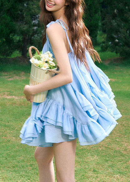 Chic Blue Ruffled Patchwork Cotton Two Piece Set Summer