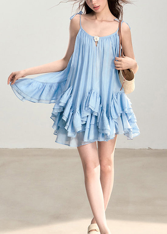 Chic Blue Ruffled Patchwork Cotton Two Piece Set Summer