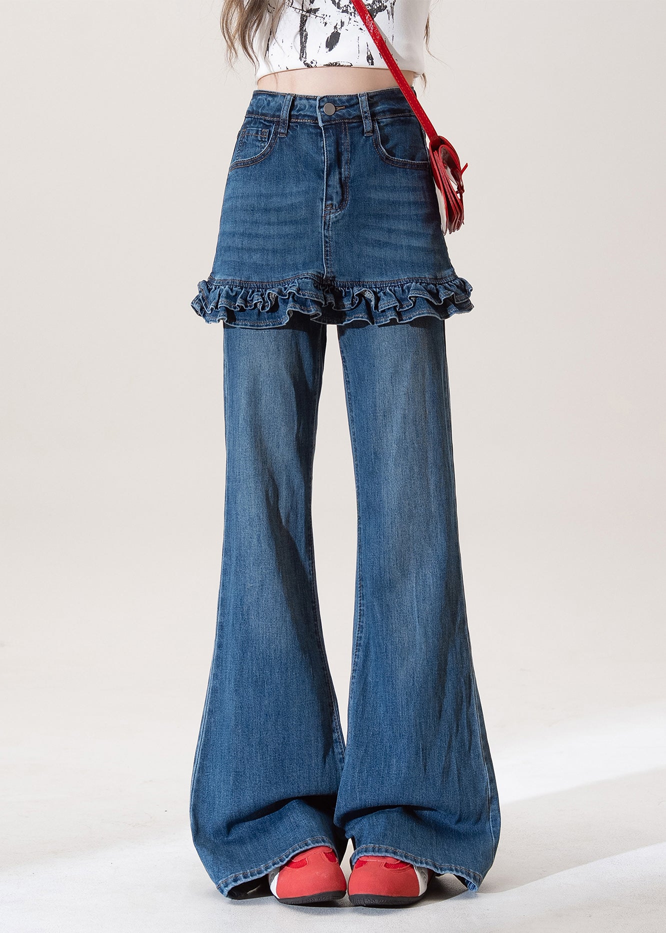 Chic Blue Ruffled Pockets Patchwork Denim Flared Trousers Spring