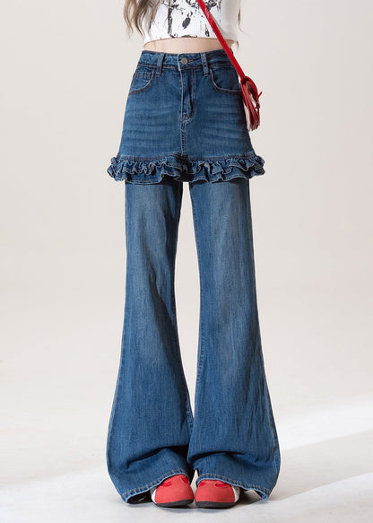 Chic Blue Ruffled Pockets Patchwork Denim Flared Trousers Spring