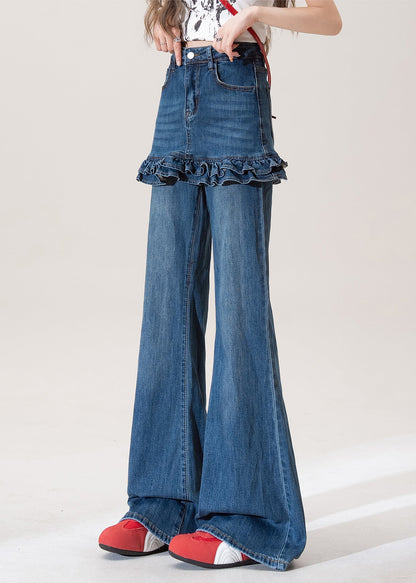 Chic Blue Ruffled Pockets Patchwork Denim Flared Trousers Spring