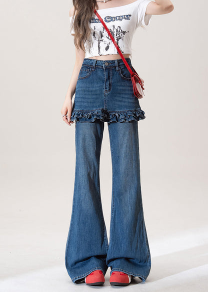 Chic Blue Ruffled Pockets Patchwork Denim Flared Trousers Spring