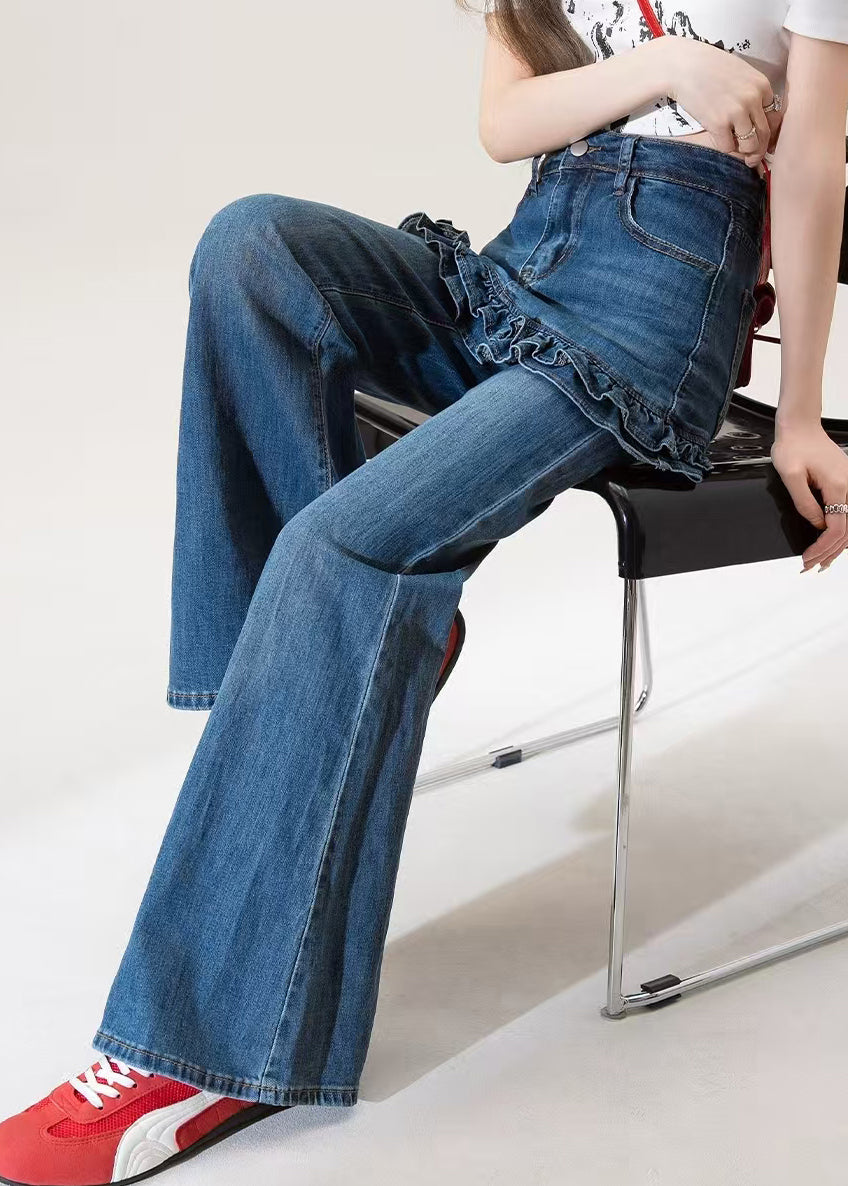 Chic Blue Ruffled Pockets Patchwork Denim Flared Trousers Spring