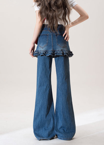 Chic Blue Ruffled Pockets Patchwork Denim Flared Trousers Spring