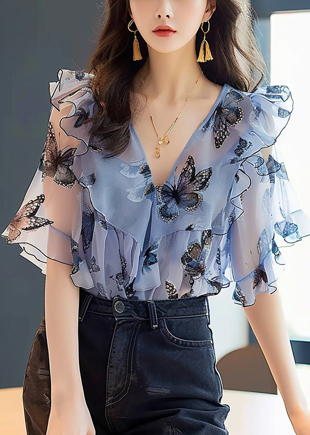 Schicke blaue Chiffon-Hemden mit Rüschendruck und halben Ärmeln