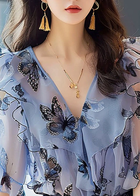 Schicke blaue Chiffon-Hemden mit Rüschendruck und halben Ärmeln