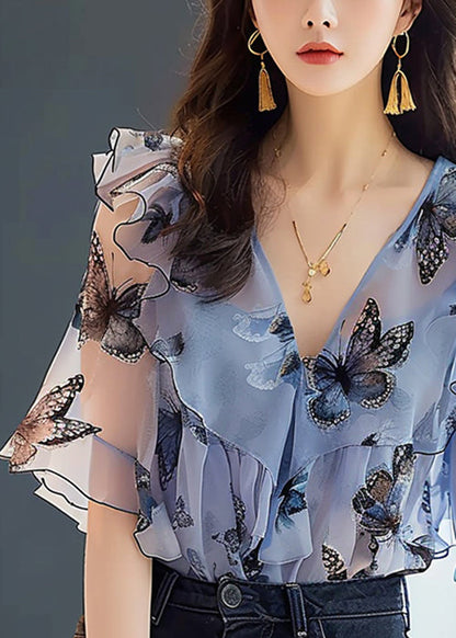 Schicke blaue Chiffon-Hemden mit Rüschendruck und halben Ärmeln
