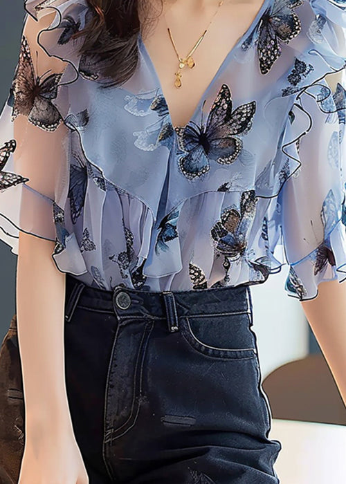Schicke blaue Chiffon-Hemden mit Rüschendruck und halben Ärmeln