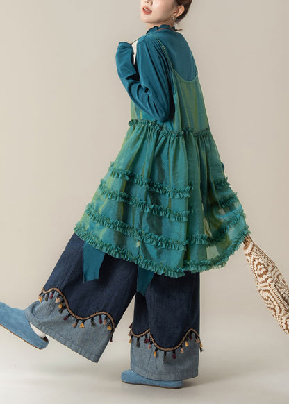 Conjunto de traje de tres piezas con camiseta y pantalón de tirantes finos y volantes azules elegantes para primavera.