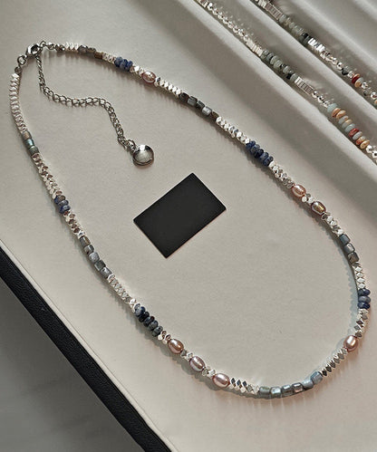 Chic Blue Square Stringing Beads Adjustable Silver Necklace