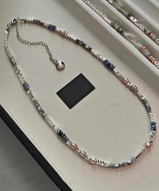 Chic Blue Square Stringing Beads Adjustable Silver Necklace