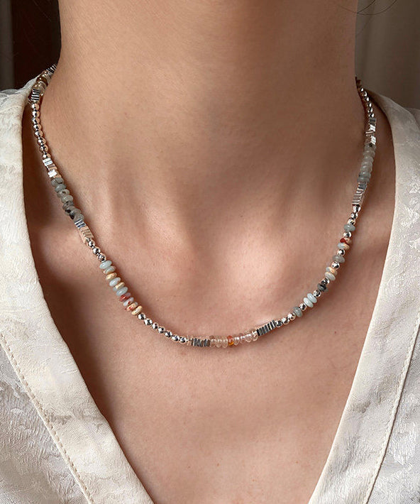 Chic Blue Square Stringing Beads Adjustable Silver Necklace