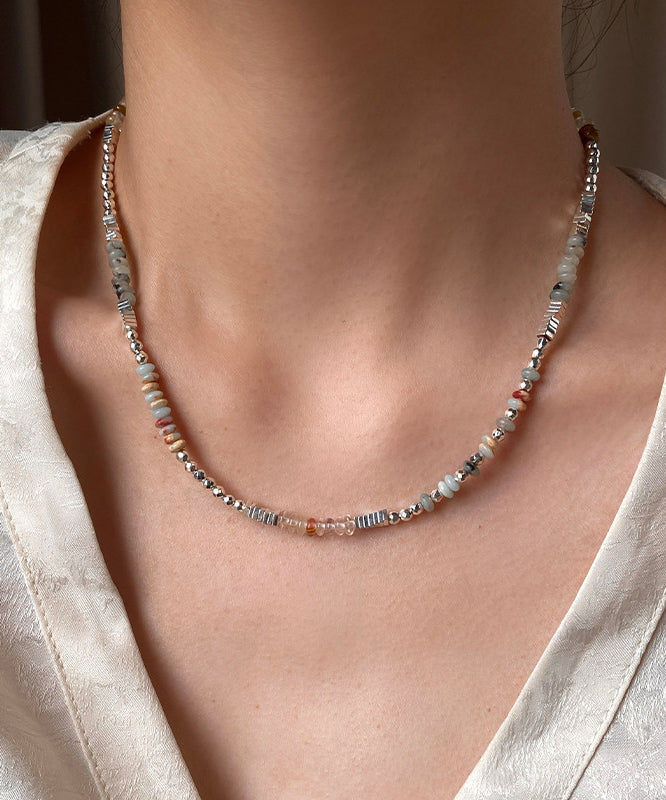 Chic Blue Square Stringing Beads Adjustable Silver Necklace