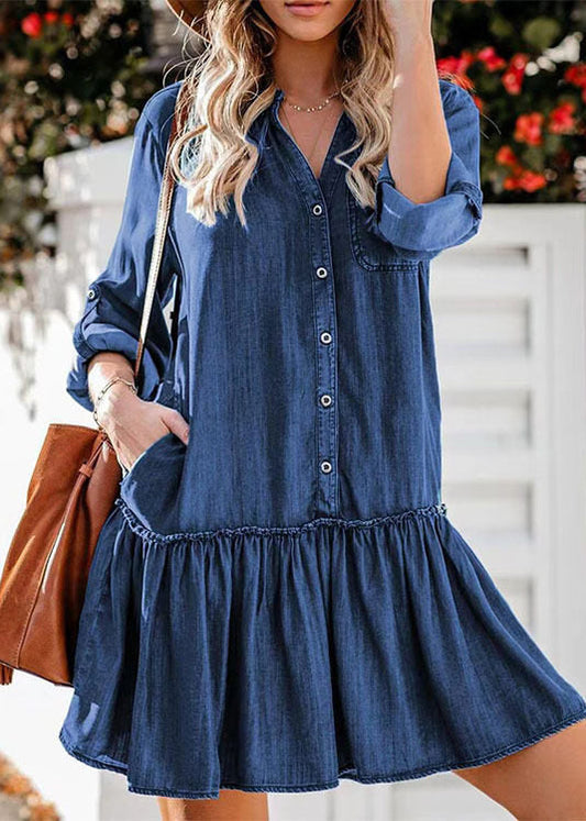 Chic Blue Stand Collar Ruffled Denim Tea Dress Summer