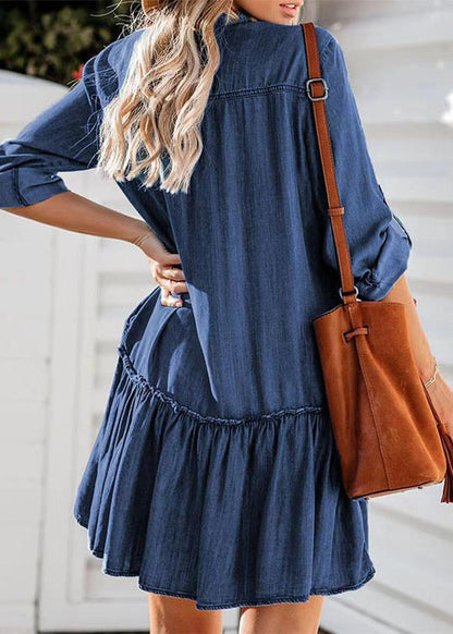 Chic Blue Stand Collar Ruffled Denim Tea Dress Summer