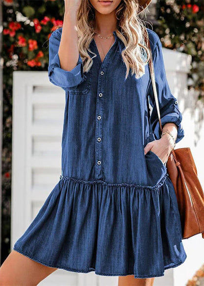 Chic Blue Stand Collar Ruffled Denim Tea Dress Summer