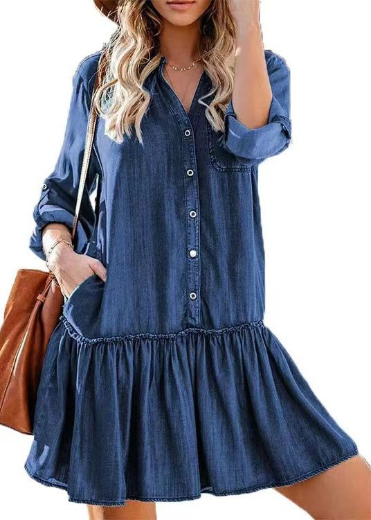 Chic Blue Stand Collar Ruffled Denim Tea Dress Summer