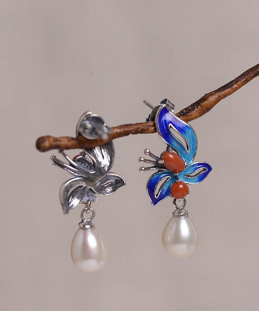 Chic Blue Sterling Silver Cloisonne Jade Pearl Butterfly Stud Earrings