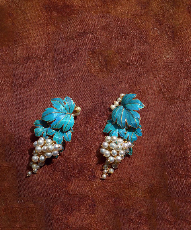 Chic Blue Sterling Silver Overgild Grape Drip Glaze Stud Earrings