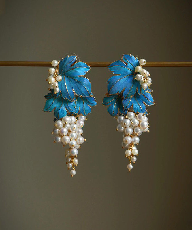 Chic Blue Sterling Silver Overgild Grape Drip Glaze Stud Earrings